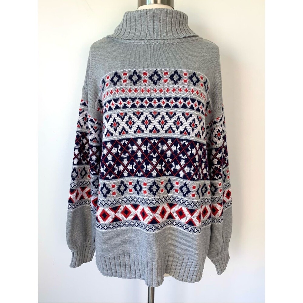 NWT Crown & Ivy Nordic Fair Isle Turtleneck Sweater Large Gray Ski Cozy Winter